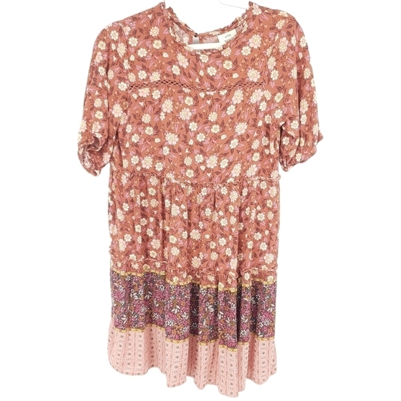 Knox Rose Small Pink Floral Mixed Print Mini Dress Boho Bohemian - Picture 1 of 8